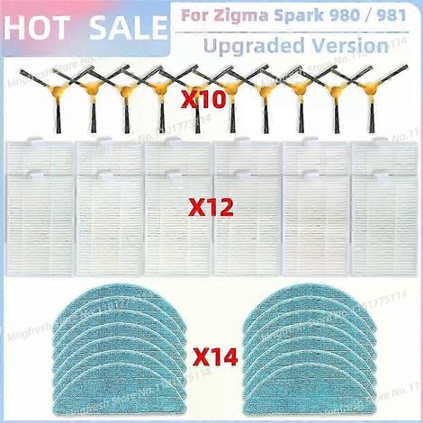 Ersatzteile, die mit dem Staubsauger Zigma Spark 980/981 kompatibel sind: Seitenbürste, Haupt-HEPA-Filter und Reinigungstuch. (1/4)
