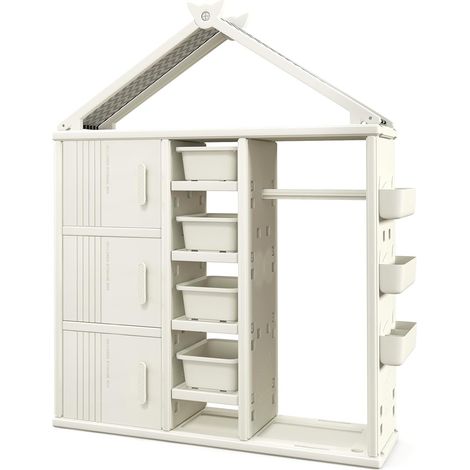 GOPLUS Armoire à Vêtements Enfant, Armoire de Rangement en Forme de Maison, avec Barre de Suspension, 3 Fentes Supérieures, 3 Paniers Réglables en Hauteur, pour Chambre d'enfant (Blanc) (1/5)