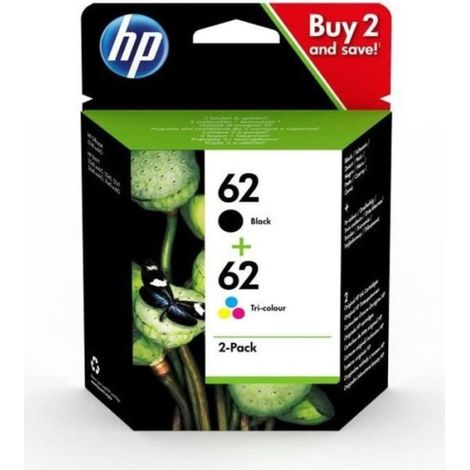 HP 62 Pack de 2 cartouches d'encre noire et trois couleurs authentiques (N9J71AE) pour Officejet Mobile 250, Envy 5540/5640/7640 (1/5)
