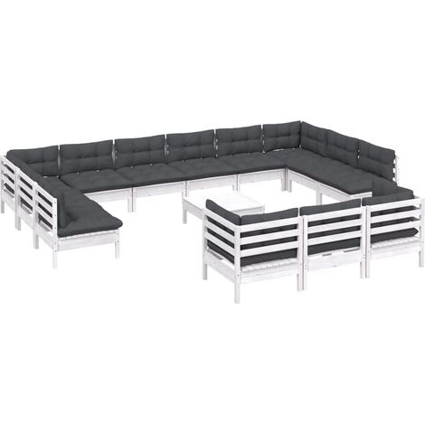 Salon de jardin 14 pcs avec coussins blanc bois de pin vidaXL (1/5)