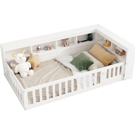 Lit banquette 90x200 lit de jour avec rangement, cadre de lit avec sommier, barrière de sécurité et port USB, Blanc (1/5)