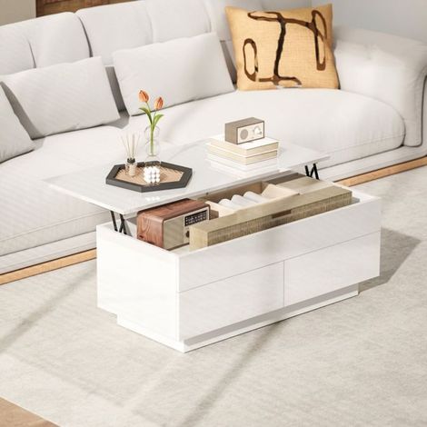 Table basse - SOGEU - Relevable - 2 tiroirs - Rangement caché - Blanc brillant (1/5)