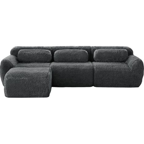 Modulares Sofa 3 Plätze aus Veloursstoff mit Hocker, Rutschfeste Basis, Breite Sitzfläche und 3 Kissen, Grau (1/5)