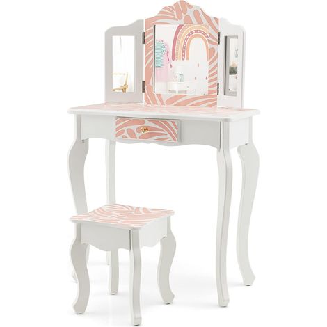 COSTWAY Kinder Schminktisch mit Hocker, 2 IN 1 Frisiertisch Schreibtisch mit dreifach klappbarem Spiegel & Abnehmbarer Platte & Schublade, Schminkkommode im Prinzessin-Stil (Punkt) (1/5)