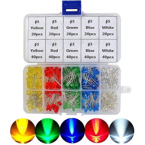 300 superhelle DIP-Mehrfarben-LEDs, 3 mm/5 mm (5 Farben)