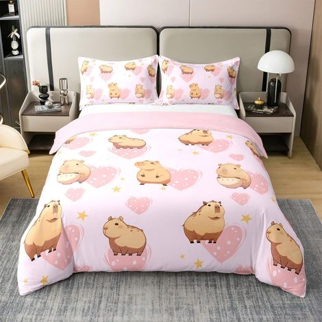 Parure de lit 100 % coton Pour enfant garçon et fille Motif animal de dessin animé Amour rose Amour Cœur Jolie housse de couette avec 1 taie d'oreiller Respirant (1/5)