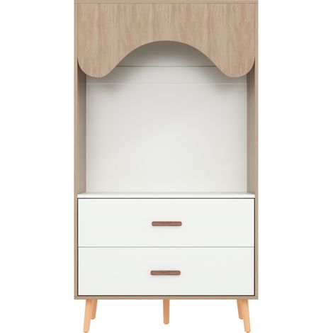 Armoire ouverte pour enfants avec penderie et tiroirs, poignées bois massif, panneau HDF blanc et bois naturel, 80x46x141,5 cm