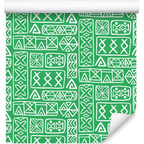 Carta da parati con motivo geometrico polinesiano, verde, 50x1000 cm (1/5)