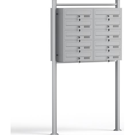 Wiltec 10er Briefkastenanlage silberfarben 945 x 270 x 1500 mm, Standbriefkasten mit 2x5 Fächern, Schlüssel und Namensschild, Briefkasten Postkasten mit Ständer
