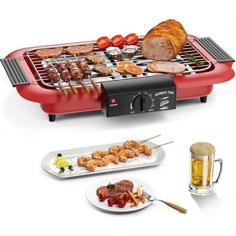 Barbecue électrique,barbecue intérieur/extérieur antiadhésif sans fumée, double tube 2000 W,portable,haute puissance,amovible rouge (1/5)