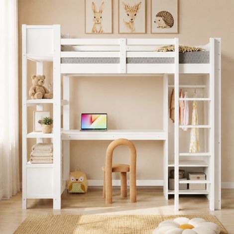 Lit mezzanine enfant 90x200 cm structure en bois de pin blanc, gain de place, sans matelas – MEUBLIV (1/5)