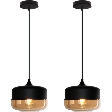 Suspension Luminaire Vintage Industriel Lustre Suspension Abat-jour en Verre Lustre Plafonnier Noir et Ambre E27 Ø25CM - 2Pcs (1/5)