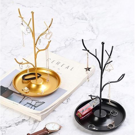 Soporte para joyas，ideal para collares y pendientes，con un motivo de pájaro de metal，bandeja en forma de árbol，color dorado，24 cm (1/4)