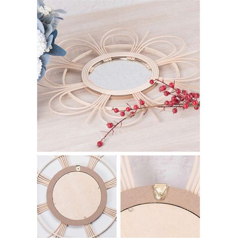 Miroir de maquillage rond décoratif et innovant en rotin, miroir de coiffeuse mural pour salon et salle de bain, accessoire photo artisanal (1/4)