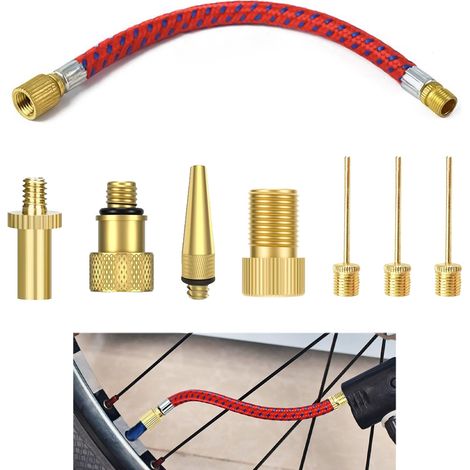 8 Pièces Embout Pompe Vélo, Adaptateur Valve Vélo Kit avec Rallonge Valve 16cm, Adaptateurs Presta Schrader Dunlop, Aiguille Gonflage Ballons, pour Matelas Gonflables Trottinette Accessoires Sportifs (1/5)