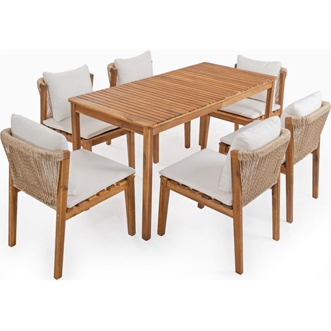 Ensemble repas de jardin, meubles de jardin, convient pour 6 personnes, composé de 1 table et 6 chaises, cadre et plateau de table en bois massif, bois massif + beige (1/5)