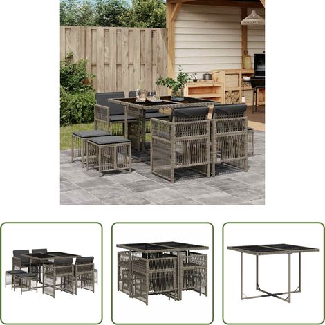 vidaXL Gartenstuhl - 9-tlg. Garten-Essgruppe mit Kissen Grau Poly Rattan (1/5)