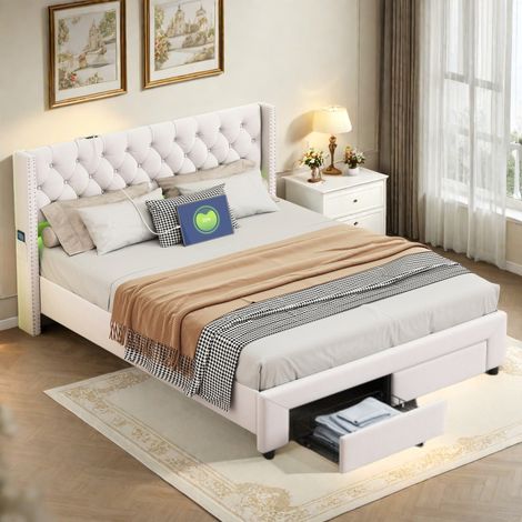 Letto matrimoniale (140 x 190 cm) con 2 cassetti, porta USB e illuminazione a LED letto imbottito, struttura letto in velluto, colore beige. (1/5)
