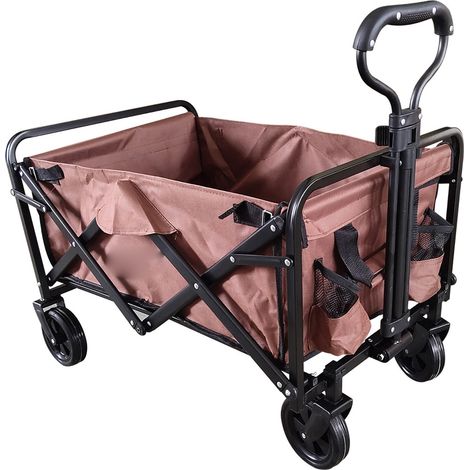 Chariot de camping pliant 4 roues, chariot de pique-nique extérieur en toile Oxford marron, transportable pour la pêche (1/5)