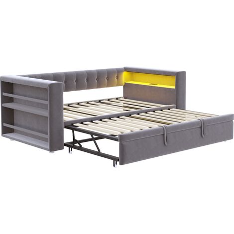Cama tipo banqueta capitoné 90/180 x 190 cm con LED, enchufes y almacenamiento, gris oscuro (1/5)