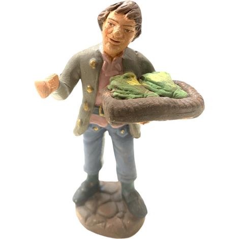Pastore con vassoio e verdure statuetta in terracotta artigianale per presepe napoletano da h 10 cm