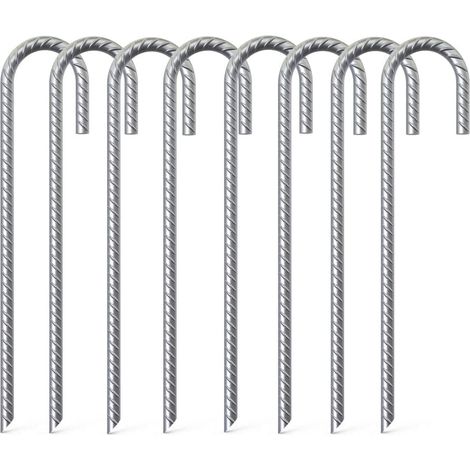 8 Pièces Piquets D'armature Robustes, 40CM Ancrages Au Sol Galvanisés Crochet en J en Acier Incurvé Antirouille avec Nervures Antidérapantes pour Tentes de Camping Trampolines Ports D'auvent (1/5)