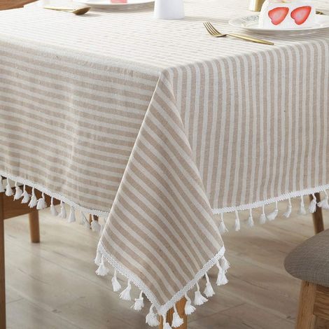 Nappe en coton et lin à rayures, nappe rectangulaire à pompons, nappe anti-poussière, décoration de table de cuisine (140 cm x 180 cm, beige) (1/5)