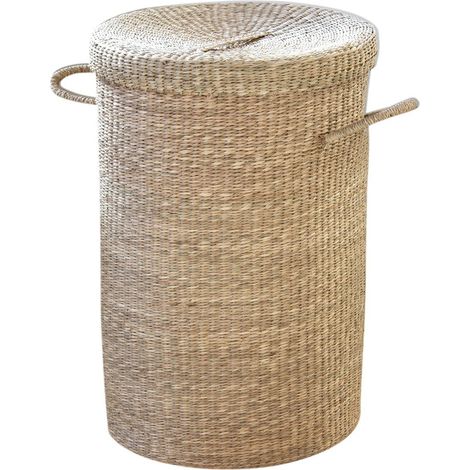 Panier à linge en jonc de mer naturel – Diamètre 40 cm – Hauteur 60 cm – Avec couvercle et hanses – Rangement pour toute la famille (1/3)