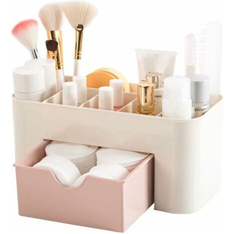 QORVA-Desktop Makeup Organizer Drawers,Coffre de rangement de produits de beauté Bureau de bureau Organiseur Papeterie de bureau Boîte de rangement Organisateur de maquillage (Pink)-Fei Yu