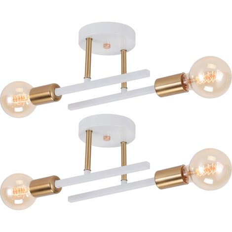 2PCS Plafonnier Rétro Industrielle Luminaire 2 Ampoule E27 Lampe de Plafond pour Salon Chambre Café Blanc et Cuivre (1/5)