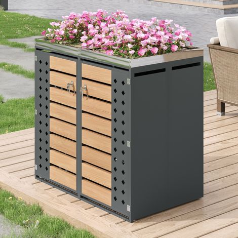 Armadio da giardino per bidoni in acciaio zincato grigio effetto legno, 2 scomparti, chiudibile con fioriera integrata (1/5)