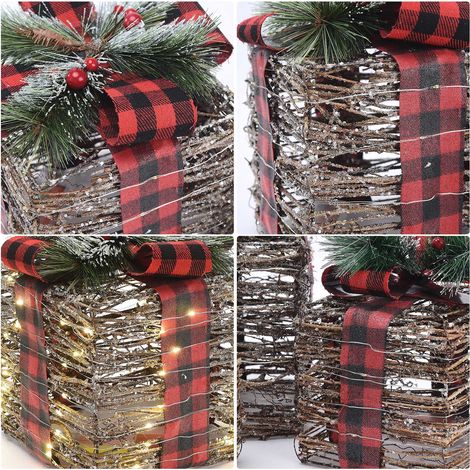 Weihnachtliches Deko-Geschenkset, Weidenkorb für die Gartendekoration, Rattanbox (17-13-10 cm), Rattan + Stoff + Kunststoff (AA-Batterien nicht enthalten, 3 Stück erforderlich) (1/5)