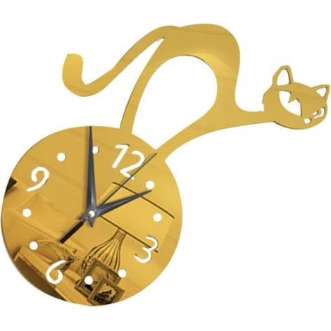 Horloge Murale Autocollante Décorative Chat Cartoon en Acrylique Or, Design Silencieux sans Pile, Facile à Nettoyer, pour Salon ou Restaurant (1/5)
