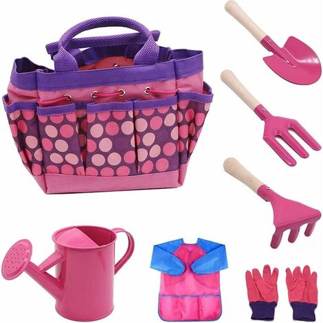 Ensemble d'outils de jardinage pour enfants, ensemble d'outils de jardin pour enfants, ensemble d'arrosoir, gants, truelle, pelle, râteau, sac de jardin et blouse pour enfants (rose) (1/5)