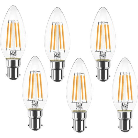 Pack of 6 B15 LED Bayonet Vintage Filament Candle Light Bulbs C35, Flicker-Free Edison Screw - 4W (40W Equivalent) 400lm Warm White 2700K, Non-Dimmable. [Energy Class B] (1/5)