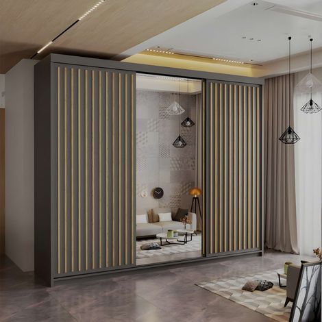 Royal 2 & 3 Door Sliding Mirror Wardrobe Modern Bedroom Storage - Grey/Oak250cm
