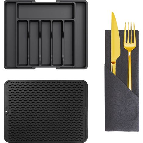 Besteckaufbewahrungsset, erweiterbares Regal, schützende Tischsets, schwarz (1/2)