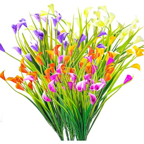 6PCS Artificial Flowers, Plastic UV Resistant Silk Flowers, Fake Artificial Plants Calla Lily Indoor and Outdoor Shrubs Hanging Planter Home Garden Decoration (Five Colors)