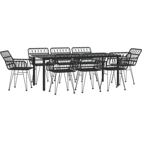 Conjunto de comedor de jardín de 9 piezas de mimbre de resina negra 020014397