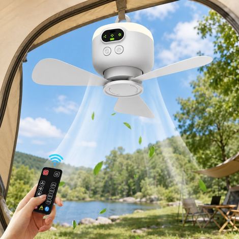 Ventilateur de plafond de camping avec lampe LED Ø 27 cm – Batterie rechargeable 8000 mAh – avec télécommande et minuterie – 3 niveaux d'éclairage (1/5)