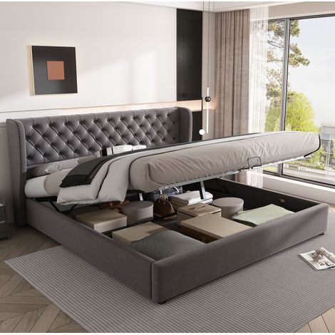 MEUBLIV Lit capitonné chesterfield en velours gris avec tête de lit oreilles, coffre de rangement hydraulique, sommier à lattes, 180 x 200 cm (1/5)