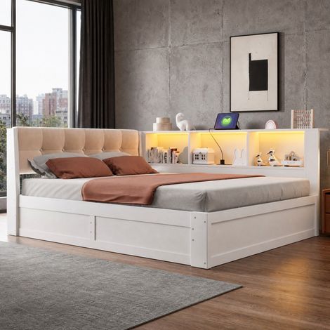 Letto contenitore 140x200 cm, con apertura laterale idraulica, ripiano laterale, porta USB, LED, pino MDF lino bianco (1/5)