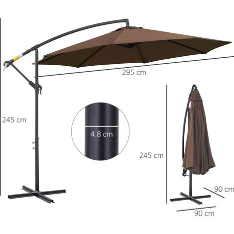 Parasol à manivelle, cadre en acier et polyester, marron, Ø3x2,5m, pour jardin