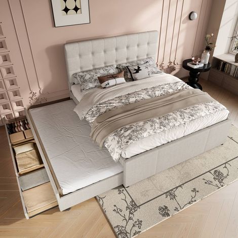 Lit double 140x200 cm en tissu beige avec tête de lit réglable, 3 tiroirs et lit gigogne, sans matelas (1/5)
