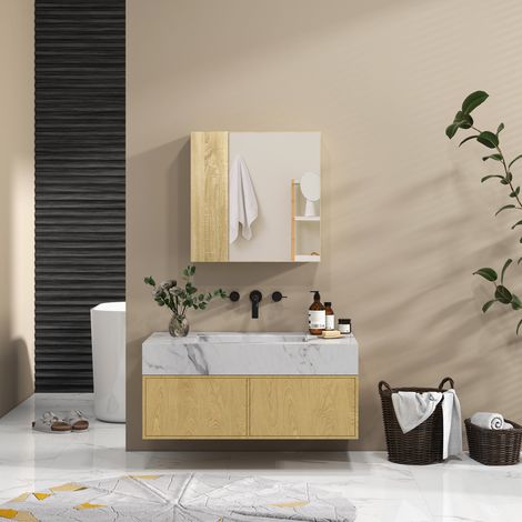 Étagère murale salle de bain avec miroir intégré, 4 étagères intérieures, panneau de particules, 60x15x60 cm, finition bois clair (1/5)