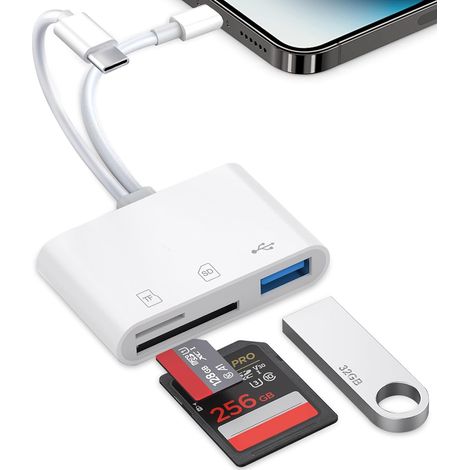 Lecteur de Carte SD pour iPhone,de Carte SD USB C 3 en 1 avec USB, Adaptateur Cartes SD USB C Lecteur de Cartes pour iPhone 16/15/14/13/iPad/Samsung/Caméra (1/5)
