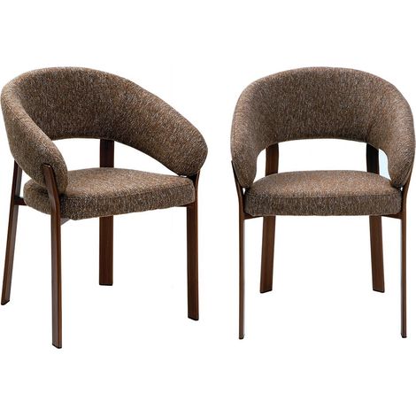 CALICOSY - Lot de 2 chaises en tissu marron chiné, pieds effet noyer L58 cm - LARA (1/5)