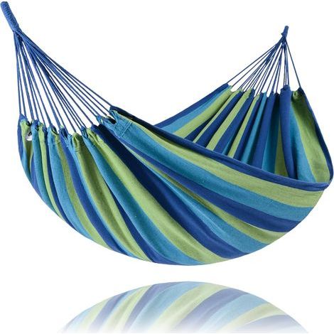 Double hammock, supporting up to 200 kg, usable outdoors, garden, suspended and portable, 190 x 150 cm, blue-green. (1/5)