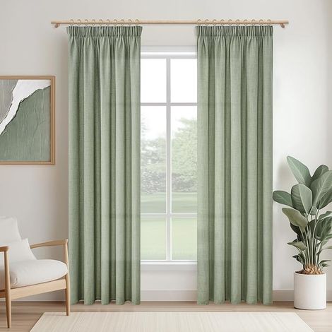 Curtain Voile with Gathering Ribbon Linen Effect Sage Green Semi-Transparent, Curtains and Drapes for Living Room Dining Room Bedroom, 140x245 CM (1/5)