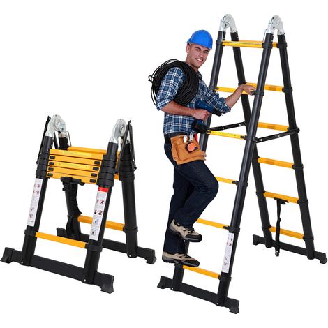 Wolketon Teleskopleiter schwarz Aluminium Klappbar Multifunktionsleiter Anlegeleiter  1.9M+1.9M Mehrzweckleiter Fingerklemmschutz Auszeihleiter Klappbar Aluminiumleiter Antirutsch bis 150 KG